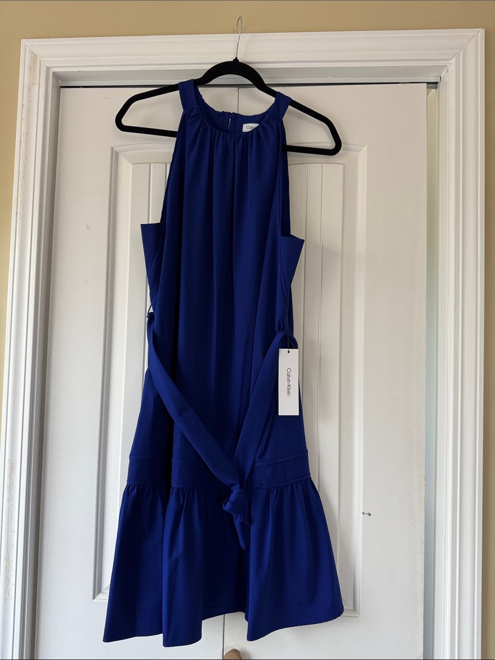 Calvin Klein Cobalt Blue Halter Midi Dress with Waist Tie